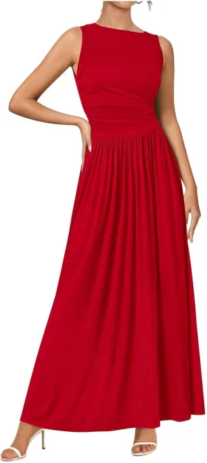 JOAU Women's Summer Tank Maxi Dress with Pockets Sleeveless A-Line Dresses Casual T-Shirt Dress Flowy Pleated Beach Sundress