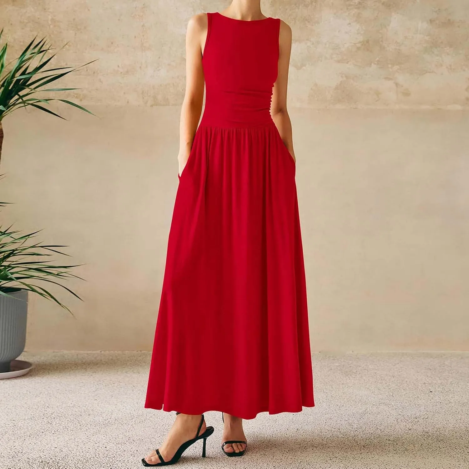 JOAU Women's Summer Tank Maxi Dress with Pockets Sleeveless A-Line Dresses Casual T-Shirt Dress Flowy Pleated Beach Sundress