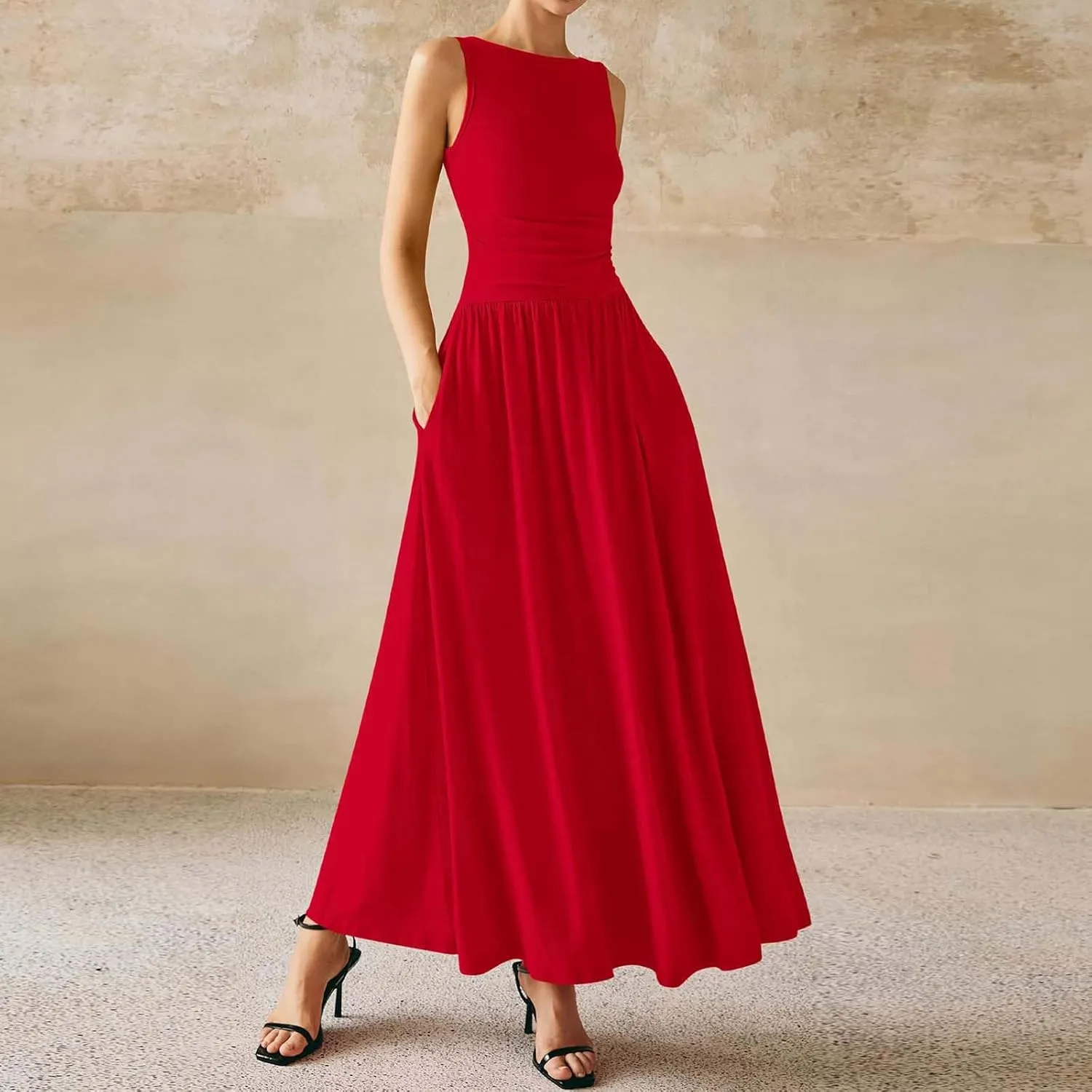 JOAU Women's Summer Tank Maxi Dress with Pockets Sleeveless A-Line Dresses Casual T-Shirt Dress Flowy Pleated Beach Sundress