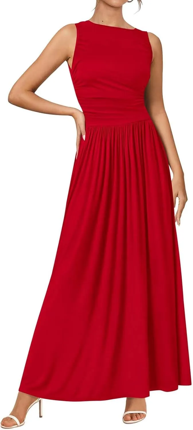 JOAU Women's Summer Tank Maxi Dress with Pockets Sleeveless A-Line Dresses Casual T-Shirt Dress Flowy Pleated Beach Sundress