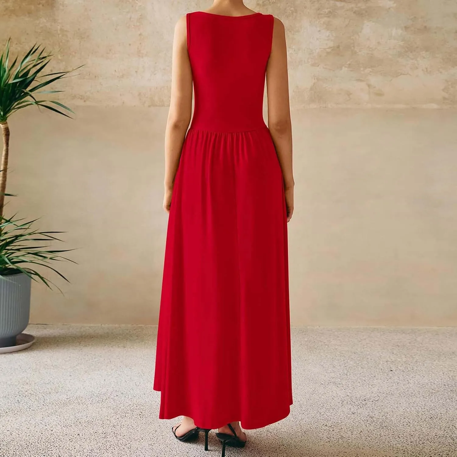 JOAU Women's Summer Tank Maxi Dress with Pockets Sleeveless A-Line Dresses Casual T-Shirt Dress Flowy Pleated Beach Sundress