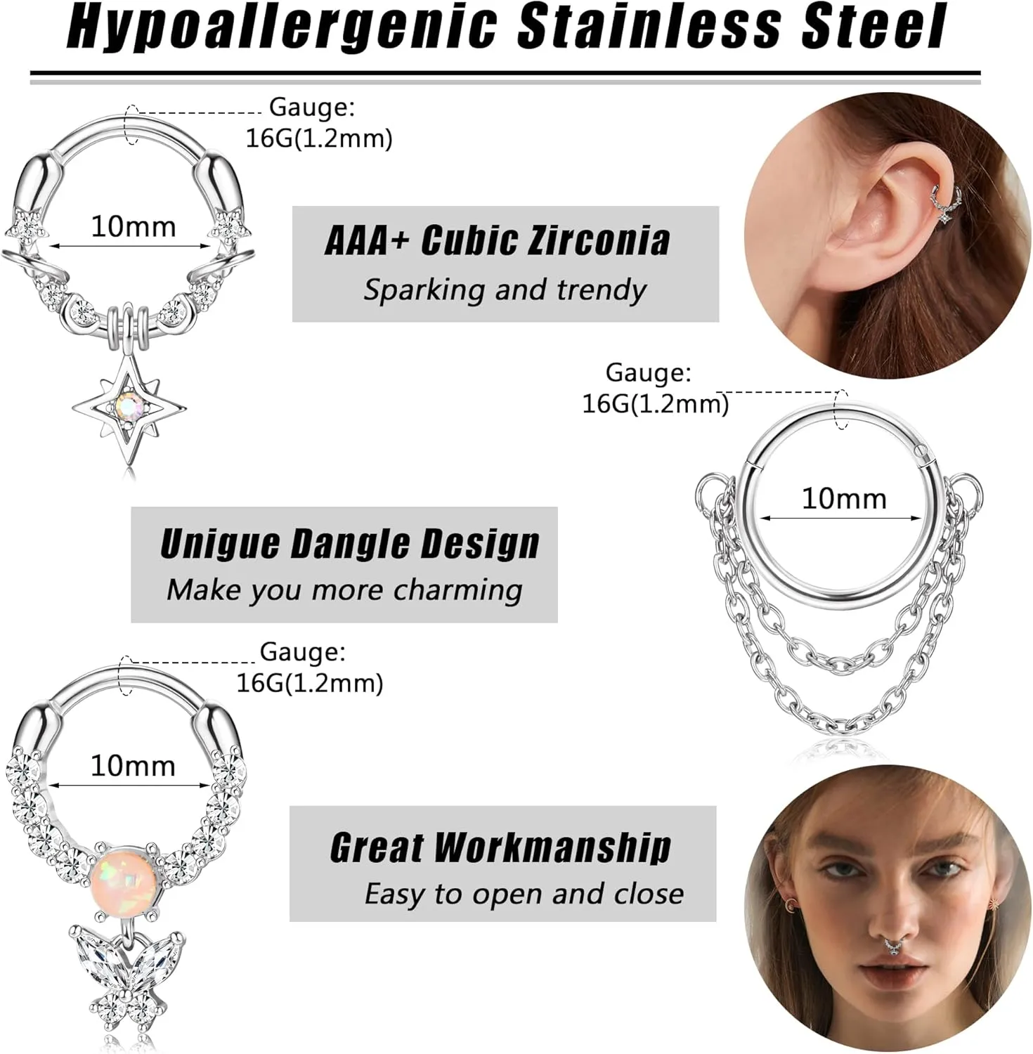 JOERICA 9pc 16G Septum Rings - Small, Dangle & Hoops with Cute, Evil Eye, Butterfly & Flower Designs - Surgical Steel Septum Piercing Jewelry