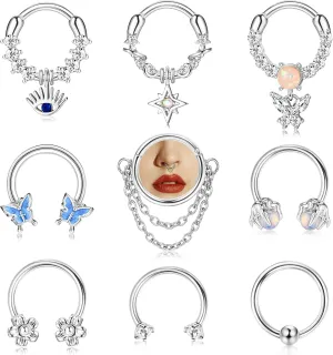 JOERICA 9pc 16G Septum Rings - Small, Dangle & Hoops with Cute, Evil Eye, Butterfly & Flower Designs - Surgical Steel Septum Piercing Jewelry