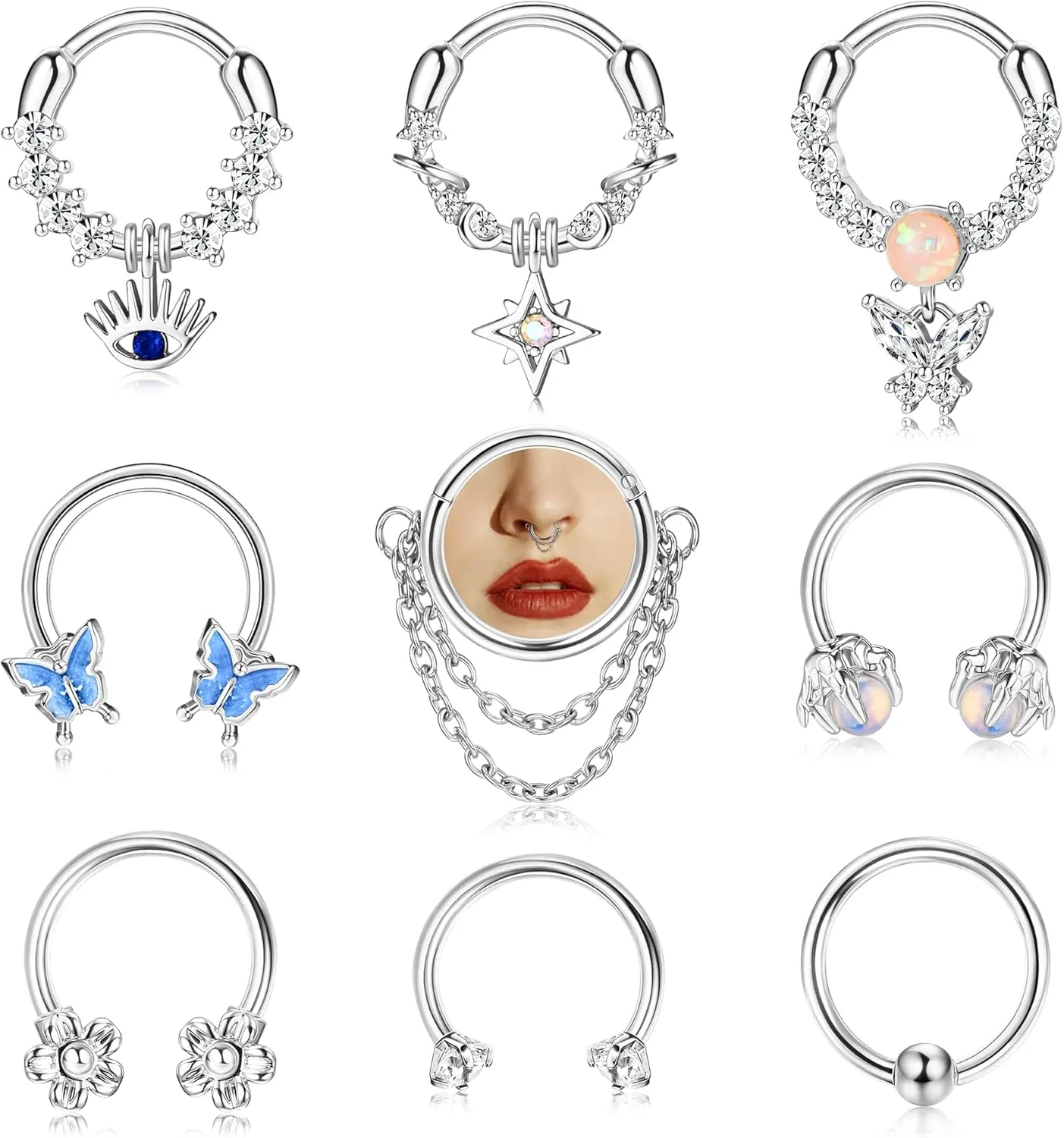 JOERICA 9pc 16G Septum Rings - Small, Dangle & Hoops with Cute, Evil Eye, Butterfly & Flower Designs - Surgical Steel Septum Piercing Jewelry
