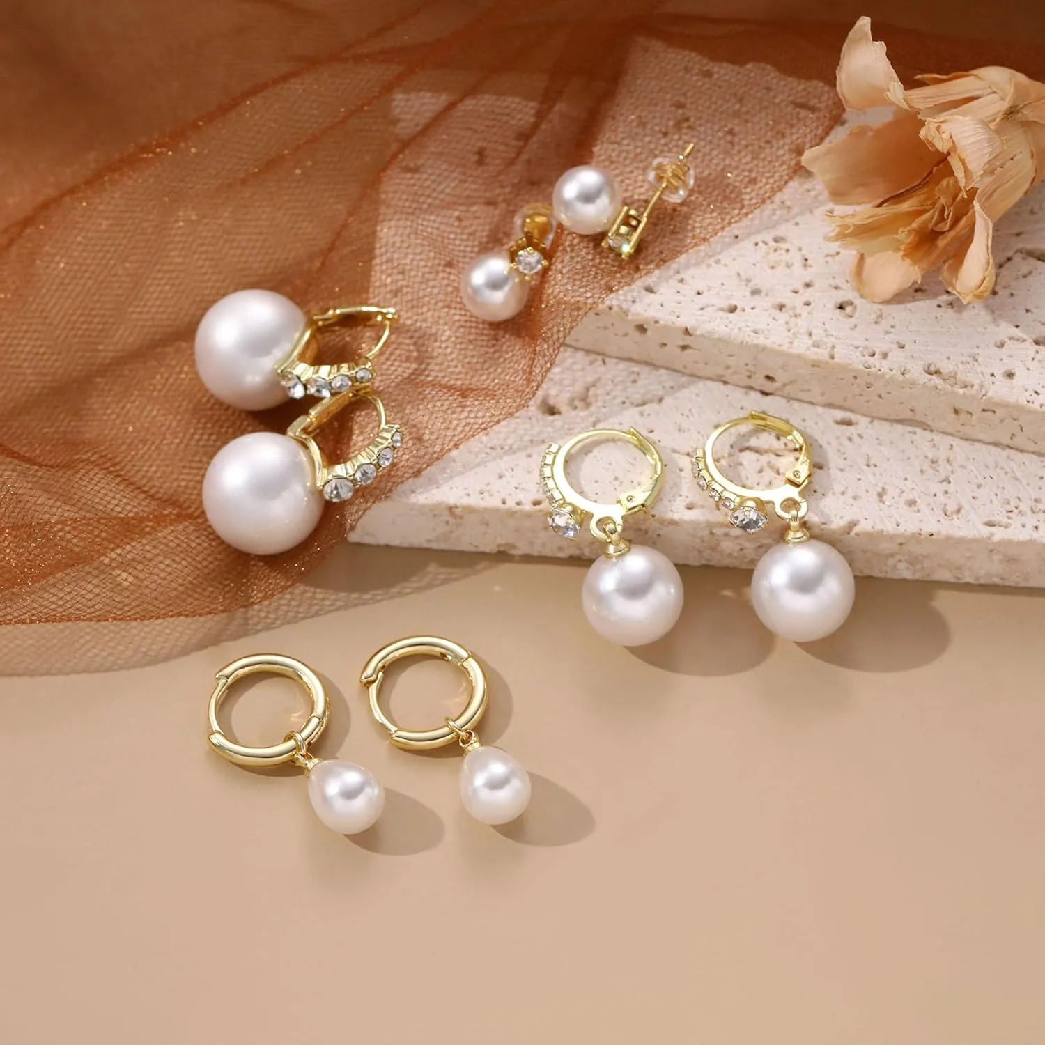 JSJOY Pearl Earrings for Women Stud Earrings 14k Gold Hoop Earrings Dangle Fall Earrings Jewelry for Women Bride Small Wedding Gifts Christmas Stocking Stuffers