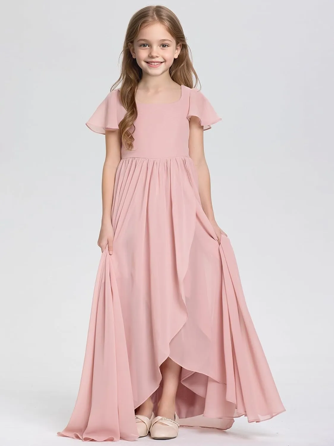 Junior Bridesmaid Dress for Wedding Floor-Length A Line Chiffon Flower Girl Dress for Teen Girls