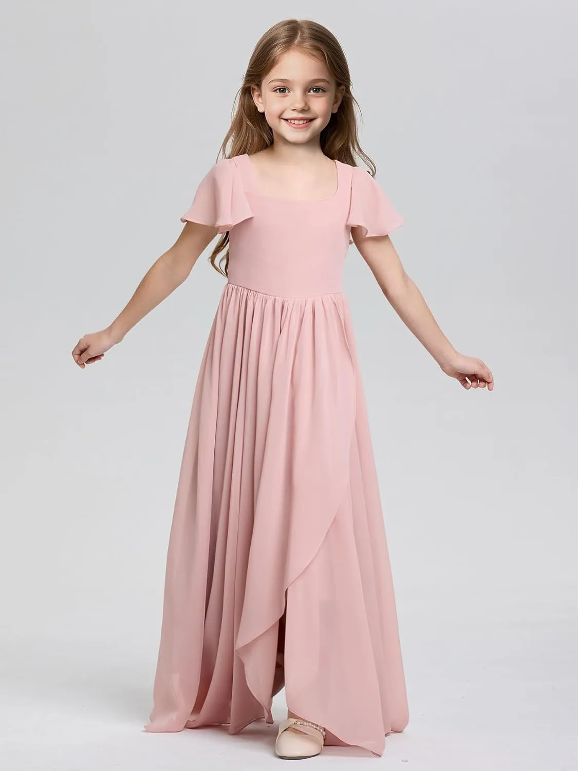 Junior Bridesmaid Dress for Wedding Floor-Length A Line Chiffon Flower Girl Dress for Teen Girls