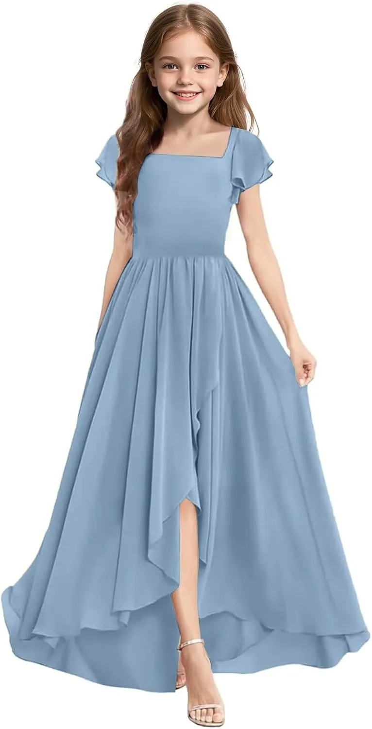 Junior Bridesmaid Dress for Wedding Floor-Length A Line Chiffon Flower Girl Dress for Teen Girls