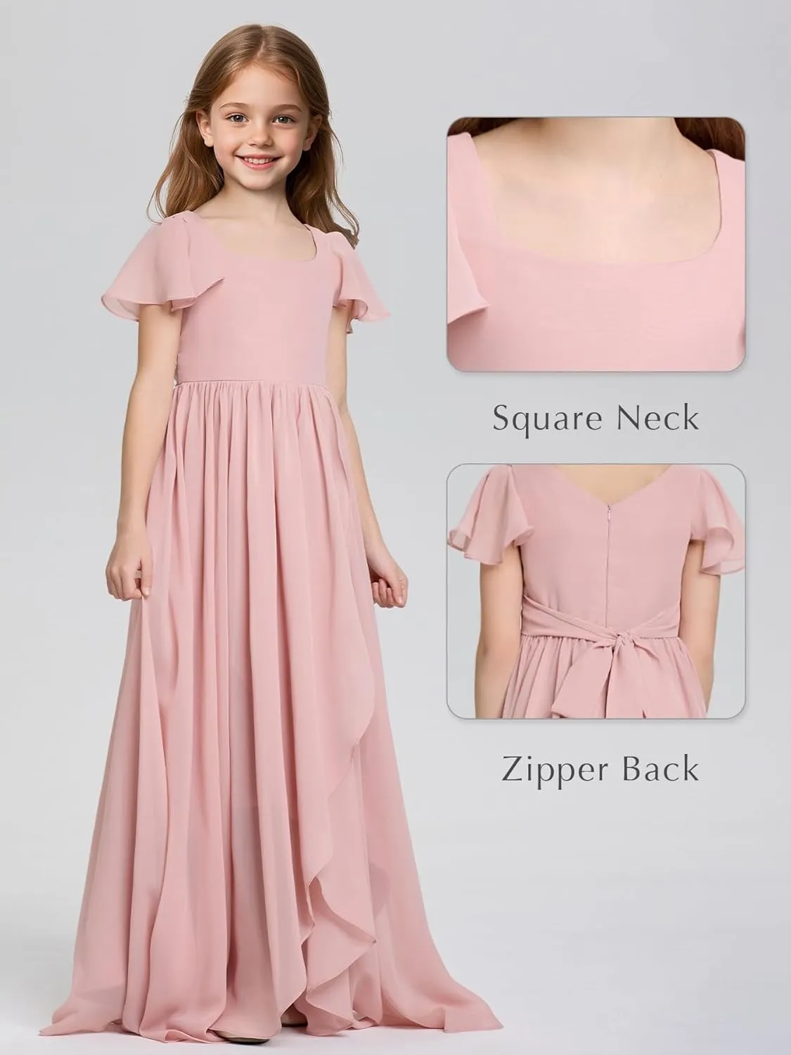 Junior Bridesmaid Dress for Wedding Floor-Length A Line Chiffon Flower Girl Dress for Teen Girls