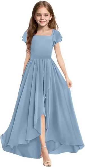 Junior Bridesmaid Dress for Wedding Floor-Length A Line Chiffon Flower Girl Dress for Teen Girls