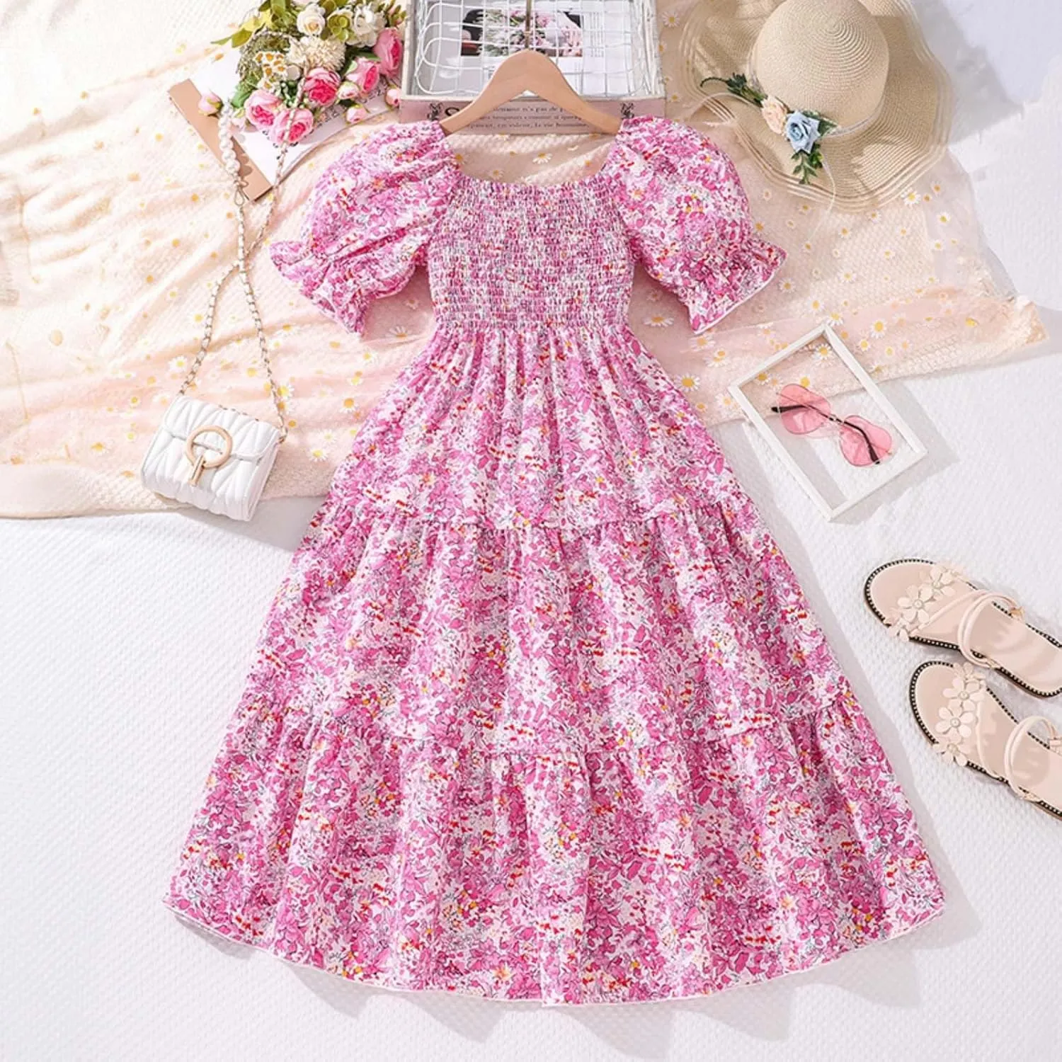 KAGAYD Girls Summer Dresses Square Neck Bubble Sleeve Tie Backless Ruffle A-Line Party Mini Dress