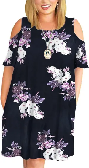 Kancystore Women Plus Size Dresses Short Sleeve Cold Shoulder Casual T-Shirt Swing Dress with Pockets