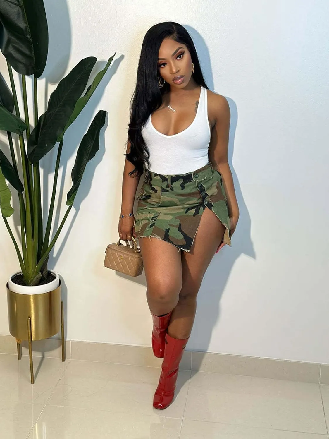 KANSOON Camo Skirt for Women High Waist Mini Denim Split Cargo Skirts with Pockets