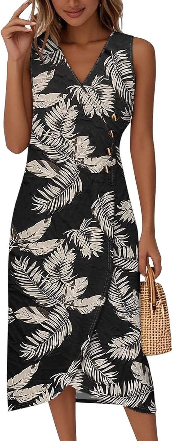 Kenvina Maxi Dresses for Women Summer Sleeveless Beach Vacation Dress Wrap Tank Dress Casual V Neck Irregular Hem Sundress