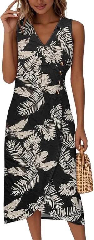 Kenvina Maxi Dresses for Women Summer Sleeveless Beach Vacation Dress Wrap Tank Dress Casual V Neck Irregular Hem Sundress