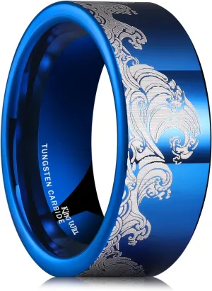 King Will 8mm Mens Tungsten Ring Black/Silver/Blue Wedding Band for Men Circuit Board/Sea Wave Lasered Mens Fashion Jewelry Comfortable for Daily Wear