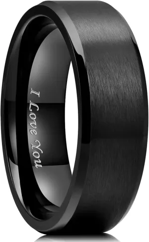 King Will Stainless Steel Wedding Ring for Men Women, Black/Silver Wdding Band Plated Matte Finish&Polished Beveled Edge with Laser I Love You, 2mm-8mm Wedding Ring Band Comfort Fit Size 4-15