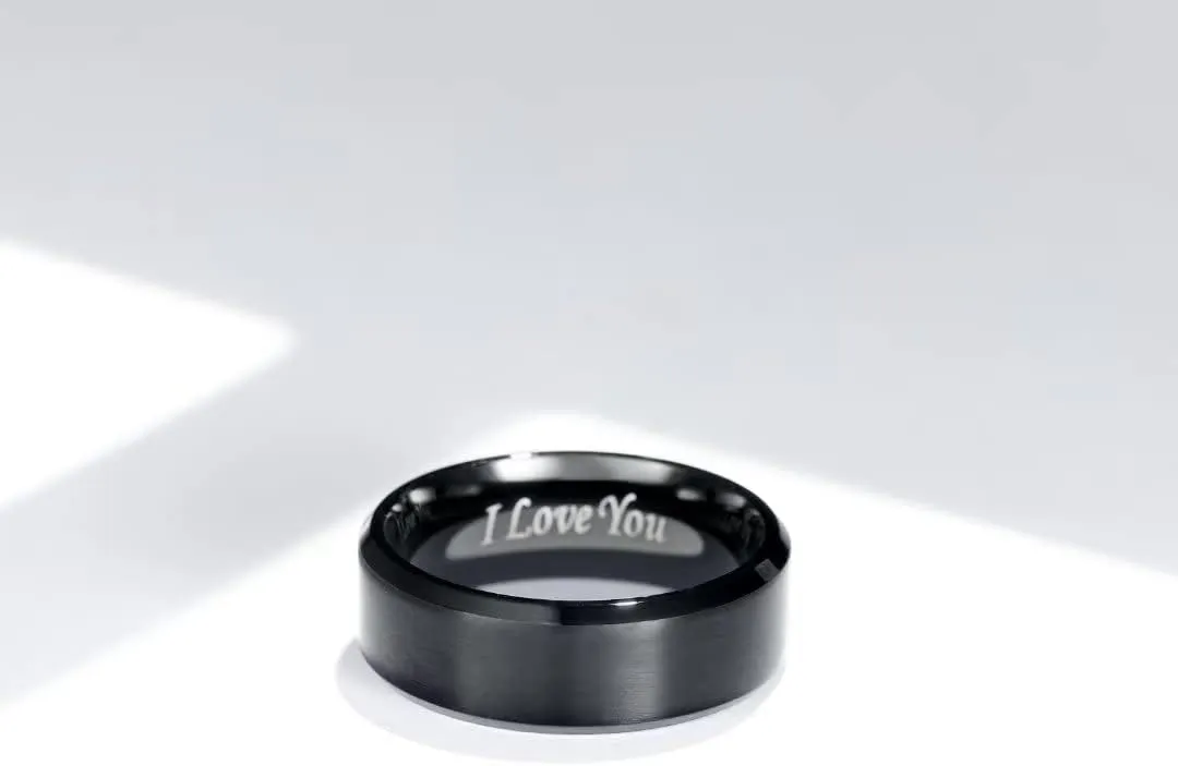 King Will Stainless Steel Wedding Ring for Men Women, Black/Silver Wdding Band Plated Matte Finish&Polished Beveled Edge with Laser I Love You, 2mm-8mm Wedding Ring Band Comfort Fit Size 4-15