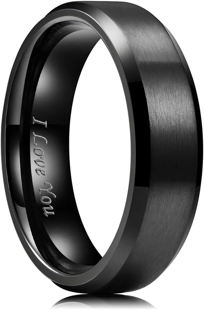 King Will Stainless Steel Wedding Ring for Men Women, Black/Silver Wdding Band Plated Matte Finish&Polished Beveled Edge with Laser I Love You, 2mm-8mm Wedding Ring Band Comfort Fit Size 4-15