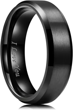King Will Stainless Steel Wedding Ring for Men Women, Black/Silver Wdding Band Plated Matte Finish&Polished Beveled Edge with Laser I Love You, 2mm-8mm Wedding Ring Band Comfort Fit Size 4-15