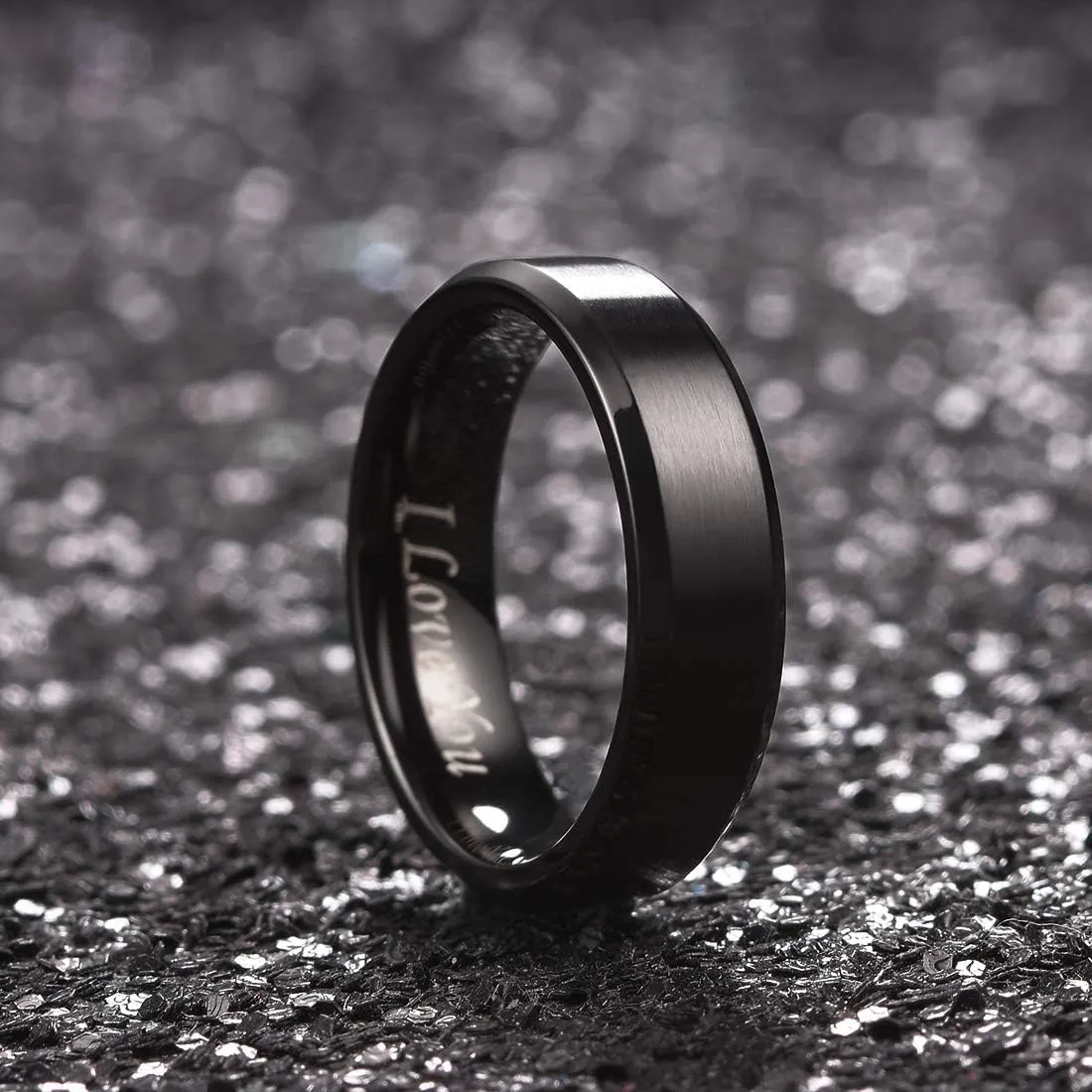 King Will Stainless Steel Wedding Ring for Men Women, Black/Silver Wdding Band Plated Matte Finish&Polished Beveled Edge with Laser I Love You, 2mm-8mm Wedding Ring Band Comfort Fit Size 4-15