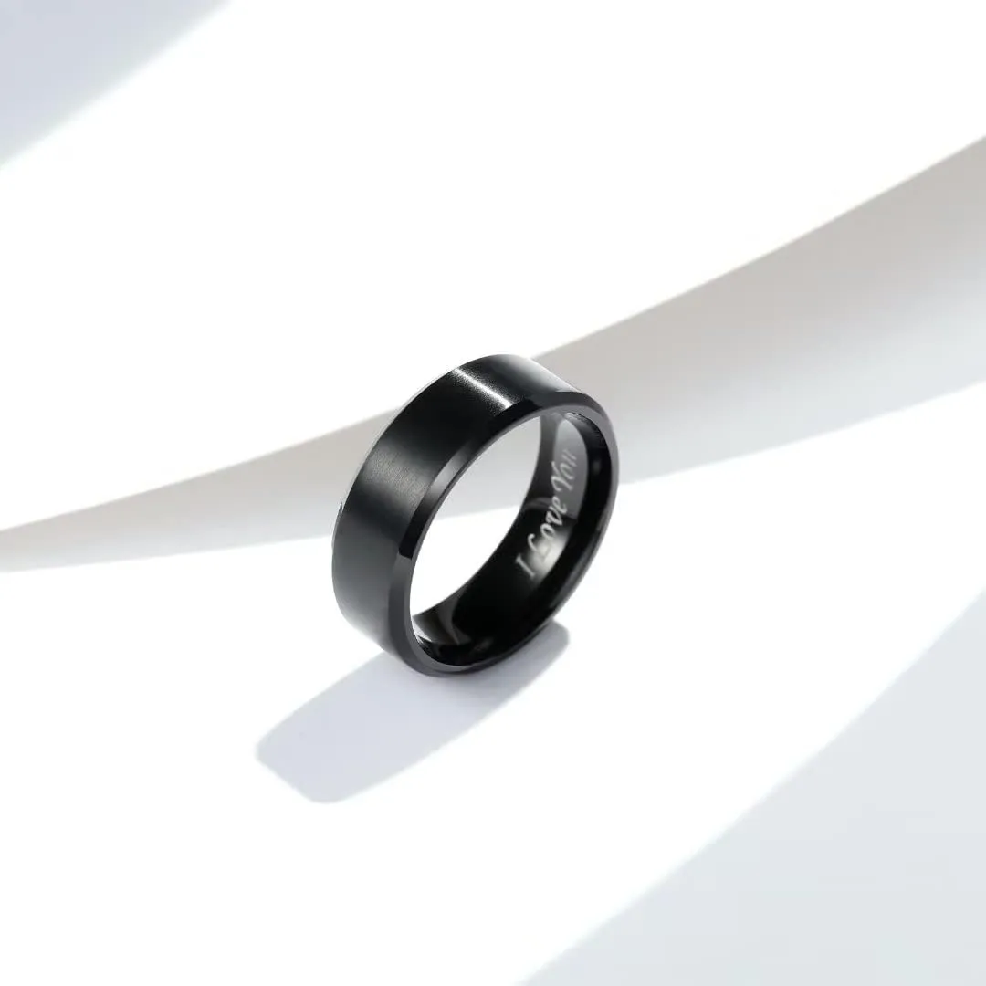 King Will Stainless Steel Wedding Ring for Men Women, Black/Silver Wdding Band Plated Matte Finish&Polished Beveled Edge with Laser I Love You, 2mm-8mm Wedding Ring Band Comfort Fit Size 4-15