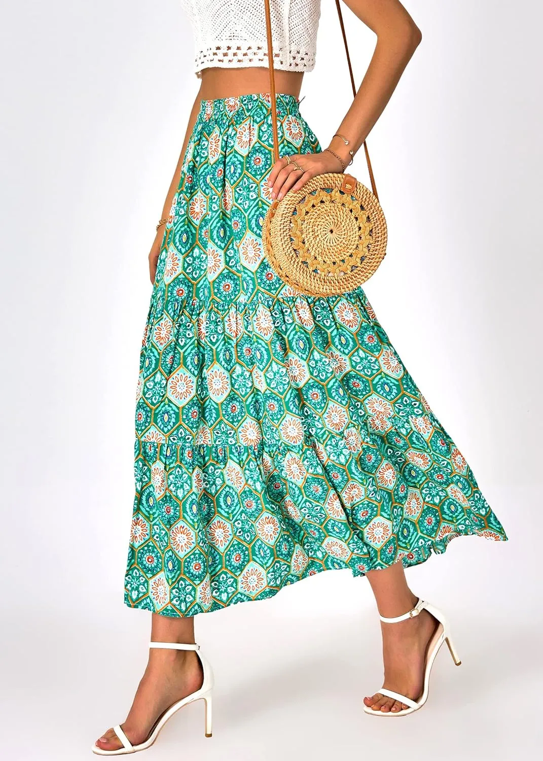 KIRUNDO Women's 2025 Spring Summer High Waist Boho Floral Maxi Skirt Casual Flowy Swing Pleated A Line Beach Long Skirts
