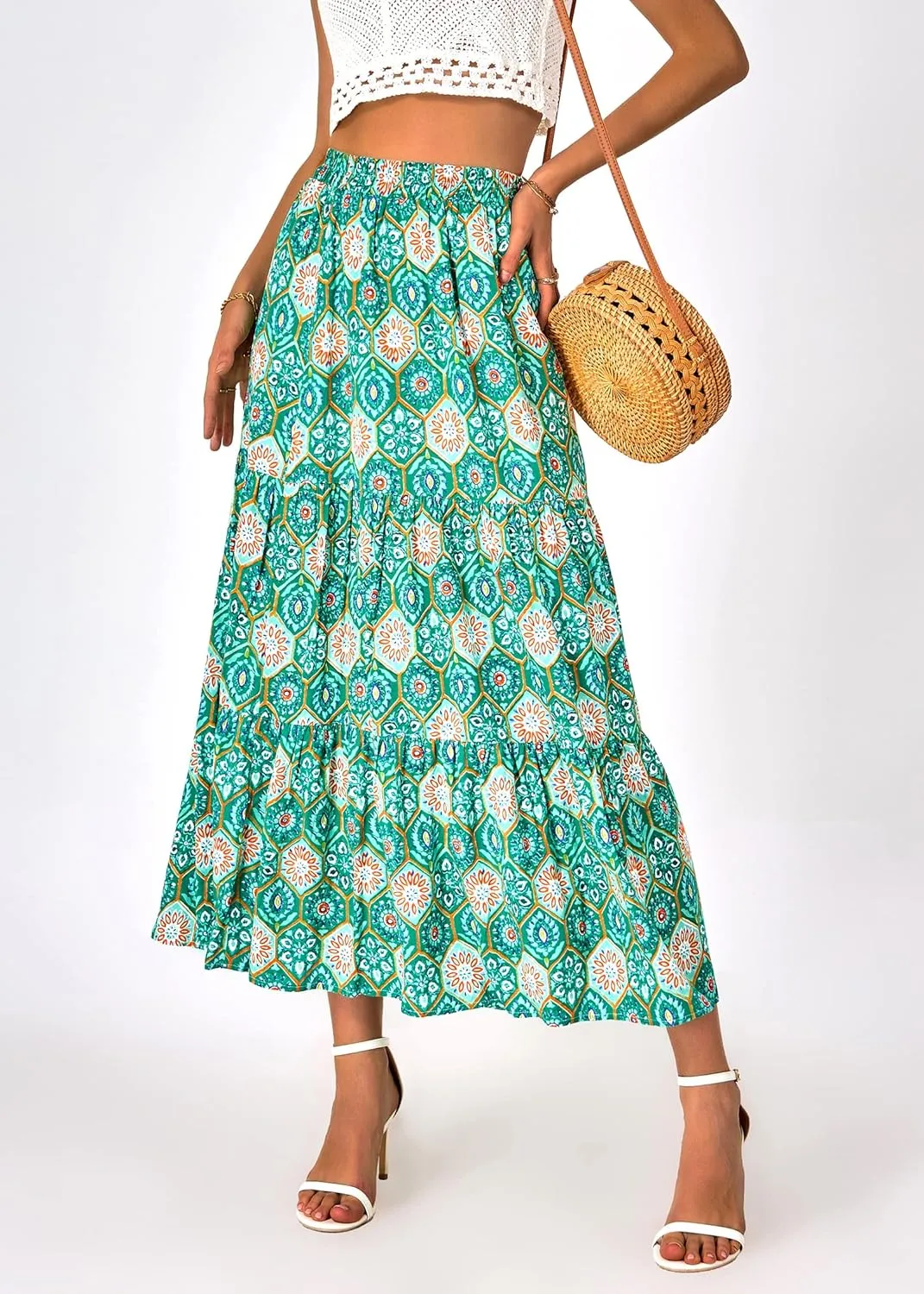 KIRUNDO Women's 2025 Spring Summer High Waist Boho Floral Maxi Skirt Casual Flowy Swing Pleated A Line Beach Long Skirts