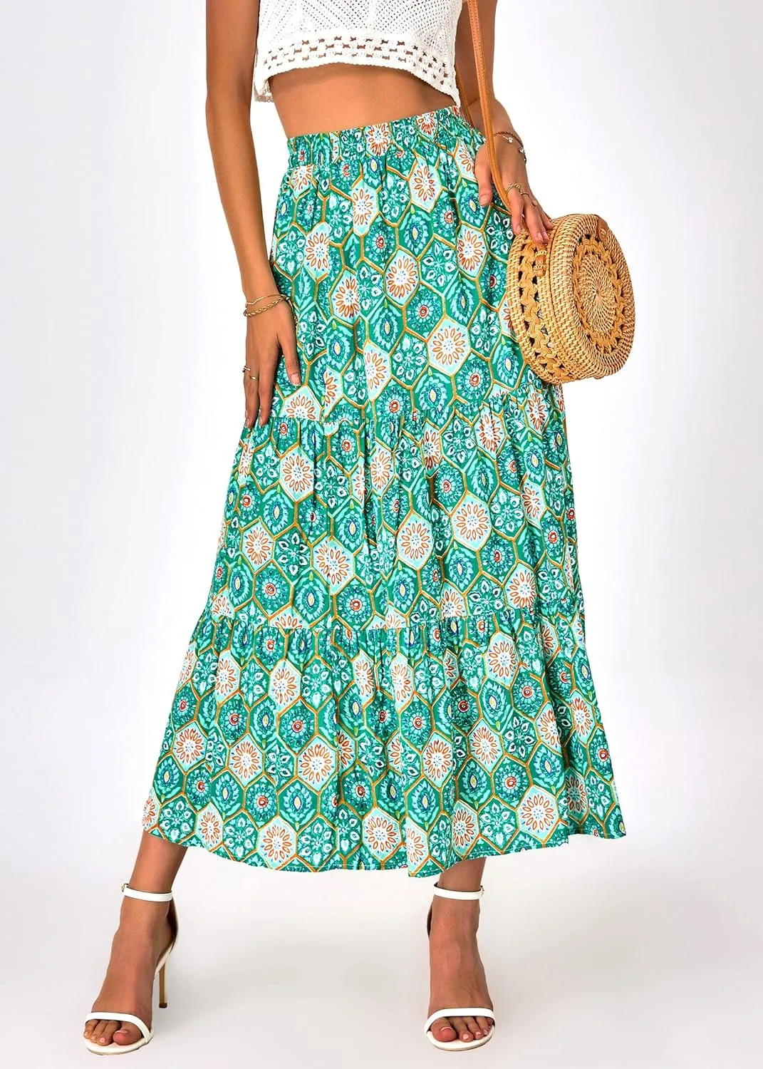 KIRUNDO Women's 2025 Spring Summer High Waist Boho Floral Maxi Skirt Casual Flowy Swing Pleated A Line Beach Long Skirts