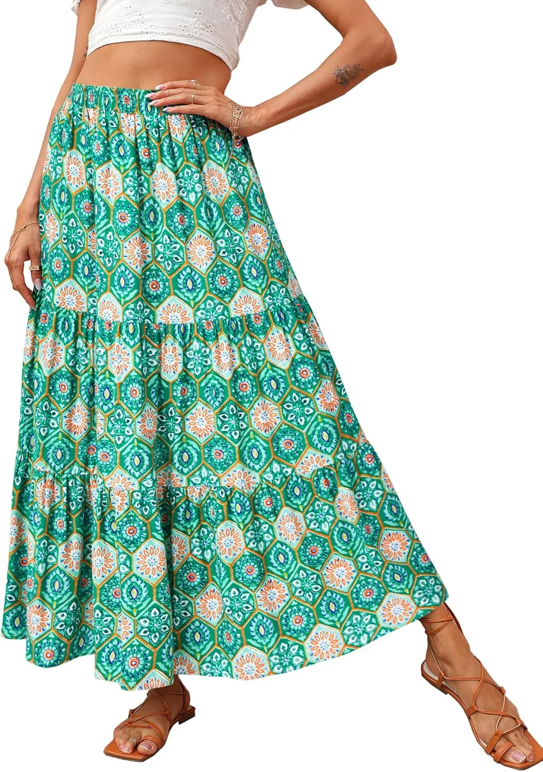 KIRUNDO Women's 2025 Spring Summer High Waist Boho Floral Maxi Skirt Casual Flowy Swing Pleated A Line Beach Long Skirts