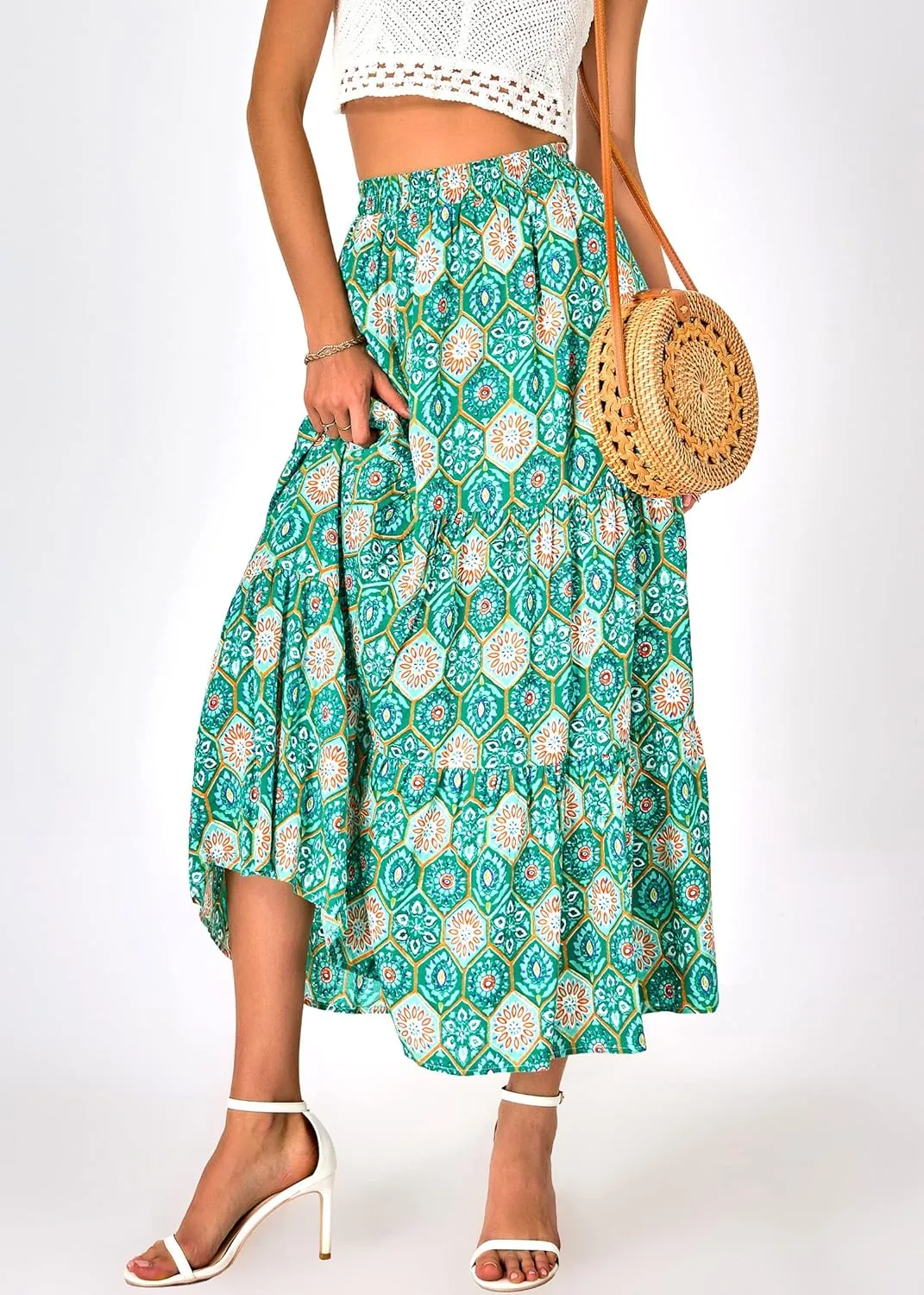 KIRUNDO Women's 2025 Spring Summer High Waist Boho Floral Maxi Skirt Casual Flowy Swing Pleated A Line Beach Long Skirts