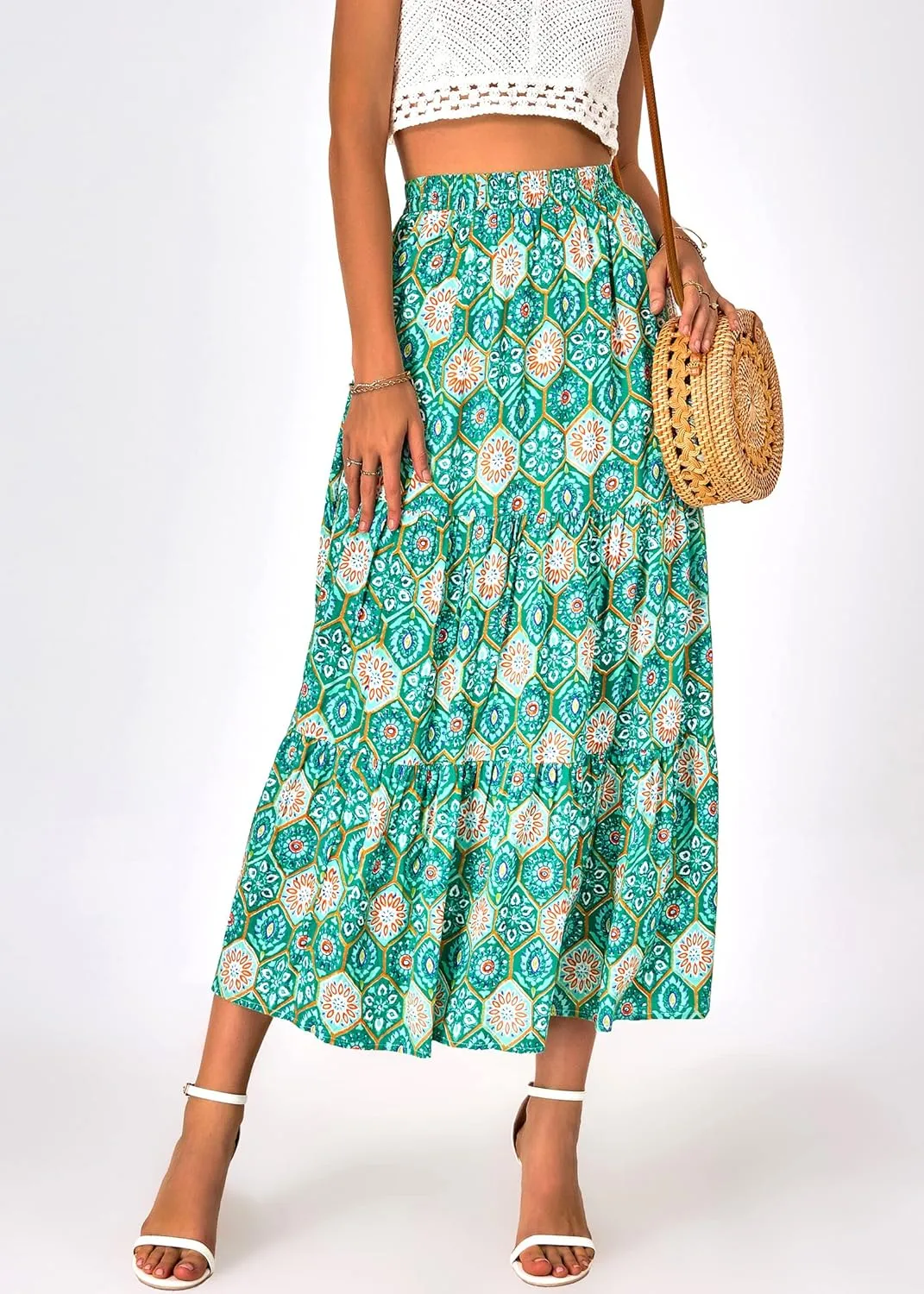 KIRUNDO Women's 2025 Spring Summer High Waist Boho Floral Maxi Skirt Casual Flowy Swing Pleated A Line Beach Long Skirts