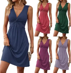 Knotted Front Dresses for Women V Neck Sleeveless Tank Dresses A Line Casual Sundress Vacasion Outfits