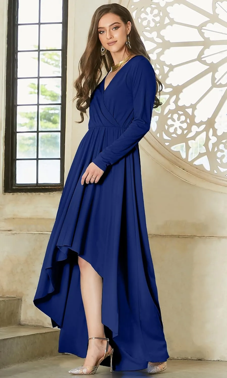 KOH KOH Womens Sleeve Wrap Slit Formal Fall Winter Cocktail Gown