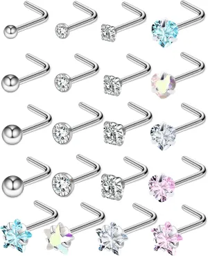 Kridzisw 18G 20G Heart Star CZ Nose Rings Studs Hypoallergenic 316L Surgical Steel L Shaped Silver Stud Nose Rings Cute Nose Piercing Jewelry for Women Men Diamond 1.5mm 2mm 2.5mm 3mm