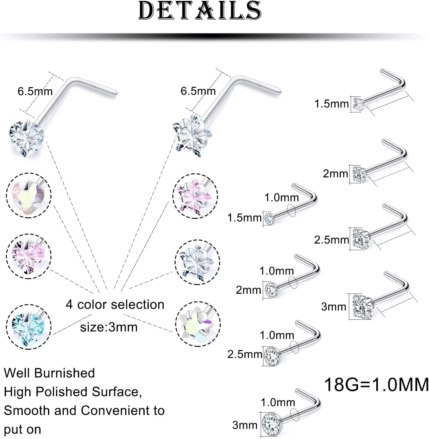 Kridzisw 18G 20G Heart Star CZ Nose Rings Studs Hypoallergenic 316L Surgical Steel L Shaped Silver Stud Nose Rings Cute Nose Piercing Jewelry for Women Men Diamond 1.5mm 2mm 2.5mm 3mm