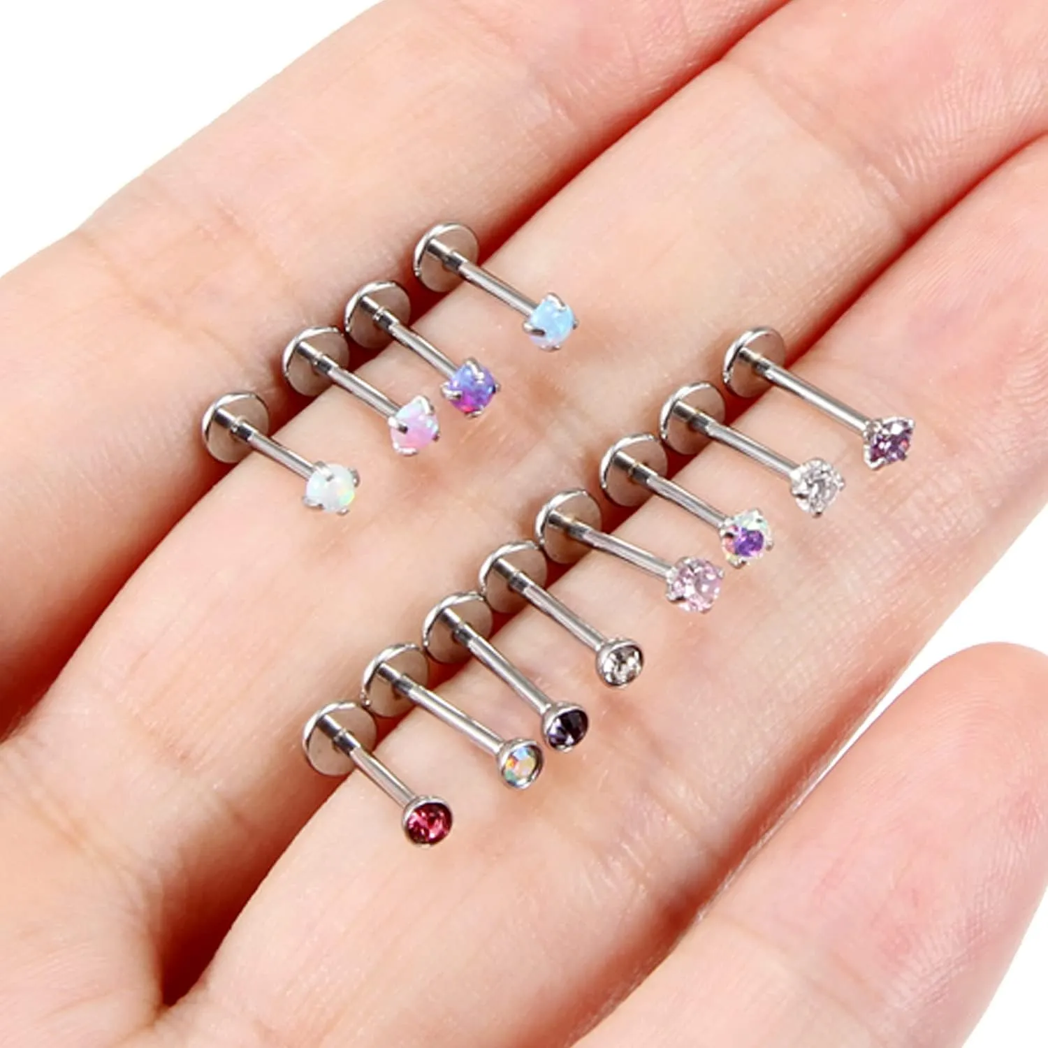 Kridzisw 18G 20G Threadless Push in Nose Rings Studs 6mm 7mm Bar Surgical Steel Flat Back Opal Cartilage Tragus Helix Earrings Stud Lip Larbret Ring Piercing Jewelry for Women Men Opal 2MM 2.5MM 3MM