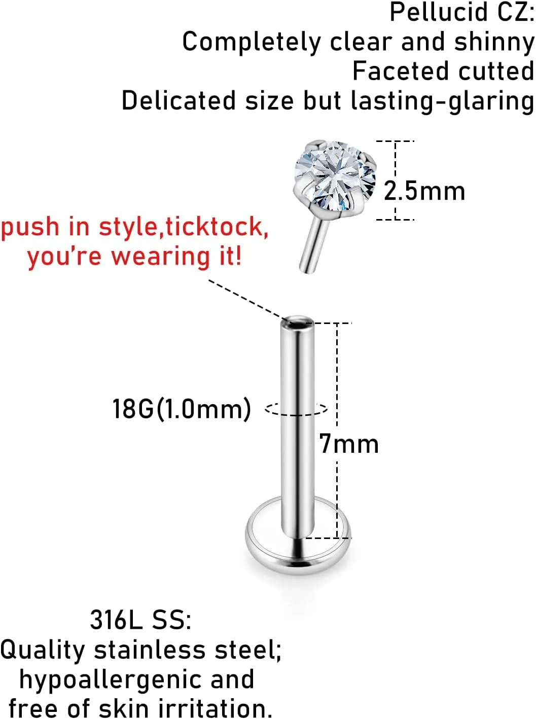 Kridzisw 18G 20G Threadless Push in Nose Rings Studs 6mm 7mm Bar Surgical Steel Flat Back Opal Cartilage Tragus Helix Earrings Stud Lip Larbret Ring Piercing Jewelry for Women Men Opal 2MM 2.5MM 3MM