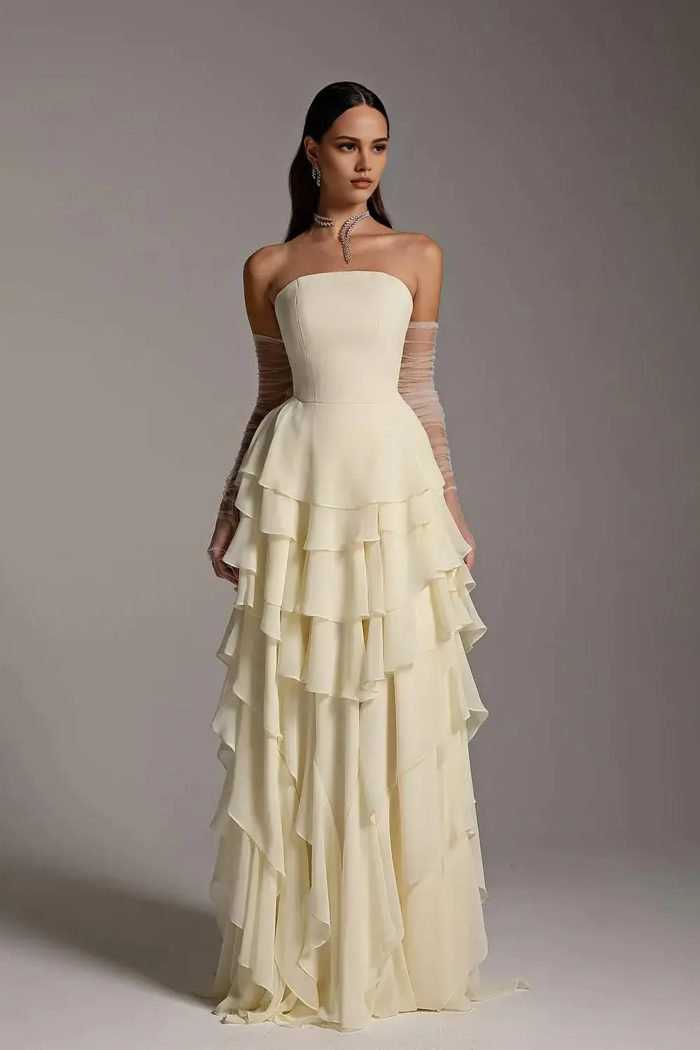 Kyeuan Strapless Tiered Prom Dresses for Women Chiffon Ruffles Formal Evening Gowns Sleeveless Corset Bridesmaid Dresses Long