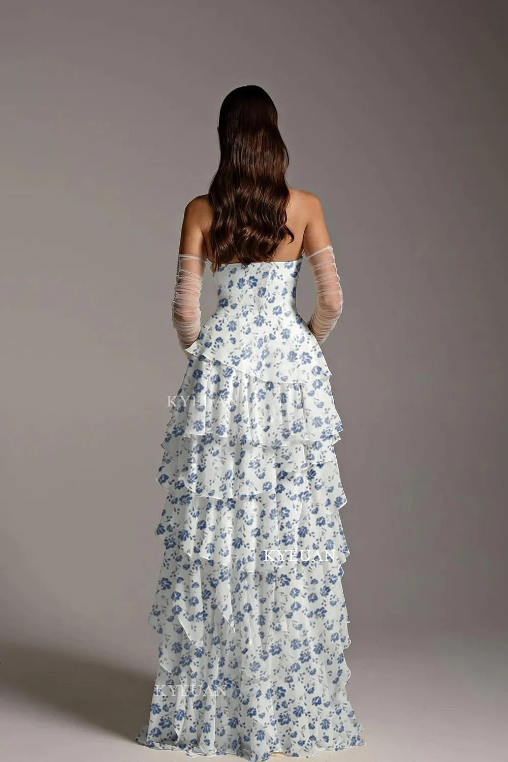 Kyeuan Strapless Tiered Prom Dresses for Women Chiffon Ruffles Formal Evening Gowns Sleeveless Corset Bridesmaid Dresses Long