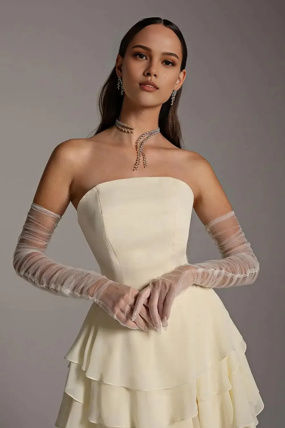 Kyeuan Strapless Tiered Prom Dresses for Women Chiffon Ruffles Formal Evening Gowns Sleeveless Corset Bridesmaid Dresses Long