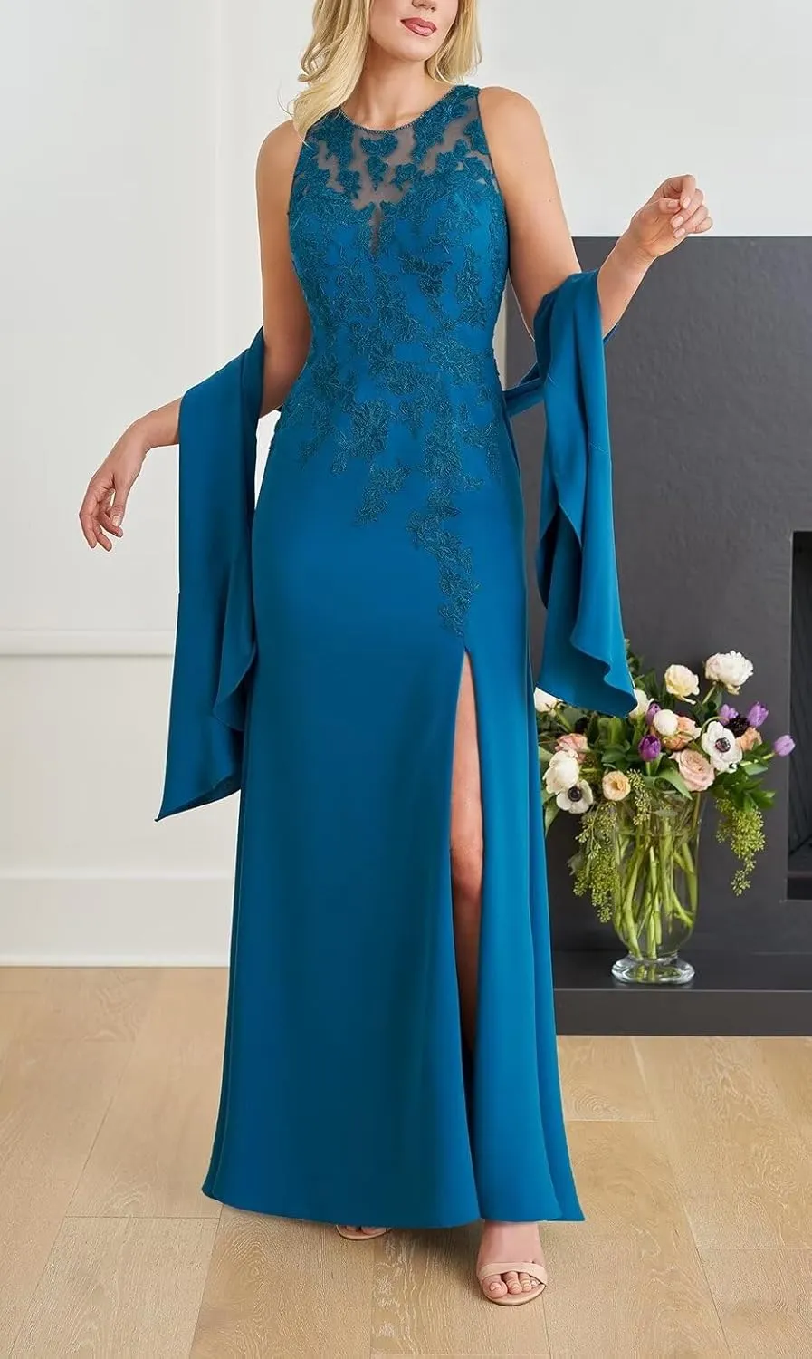 Lace Applique Beaded Mother of The Bride Dresses Guest Party Prom Dresses Evening Gowns 2 Piece Set