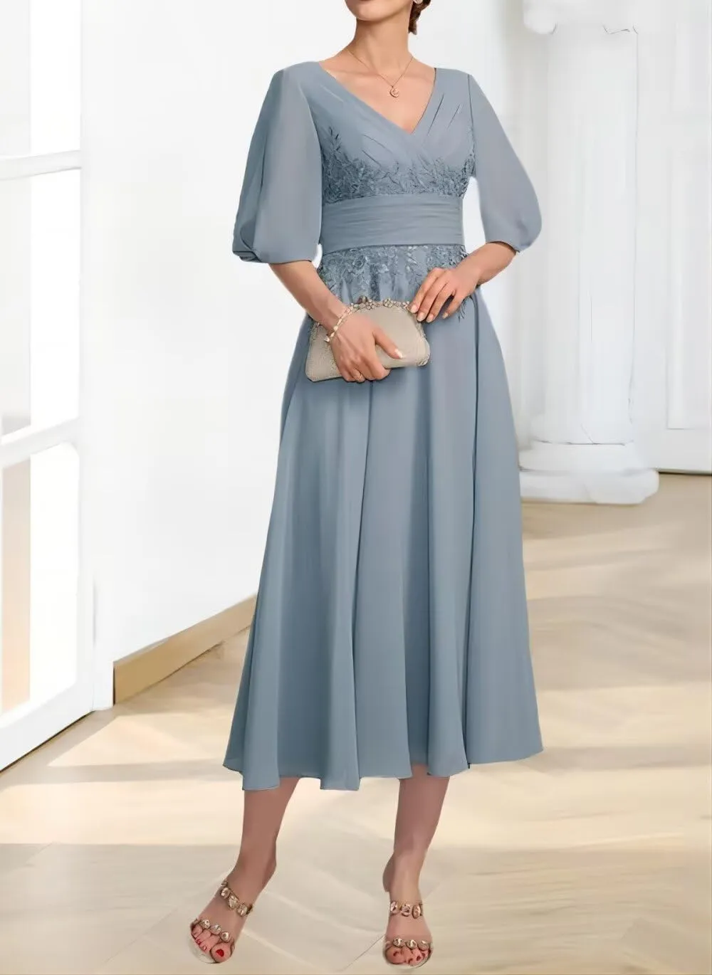 Lace Appliques Mother of The Bride Dresses for Wedding 1/2 Sleeve Tea Length Formal Evening Gown