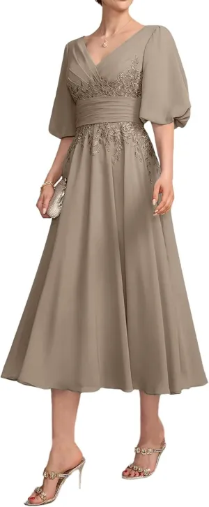 Lace Appliques Mother of The Bride Dresses for Wedding 1/2 Sleeve Tea Length Formal Evening Gown