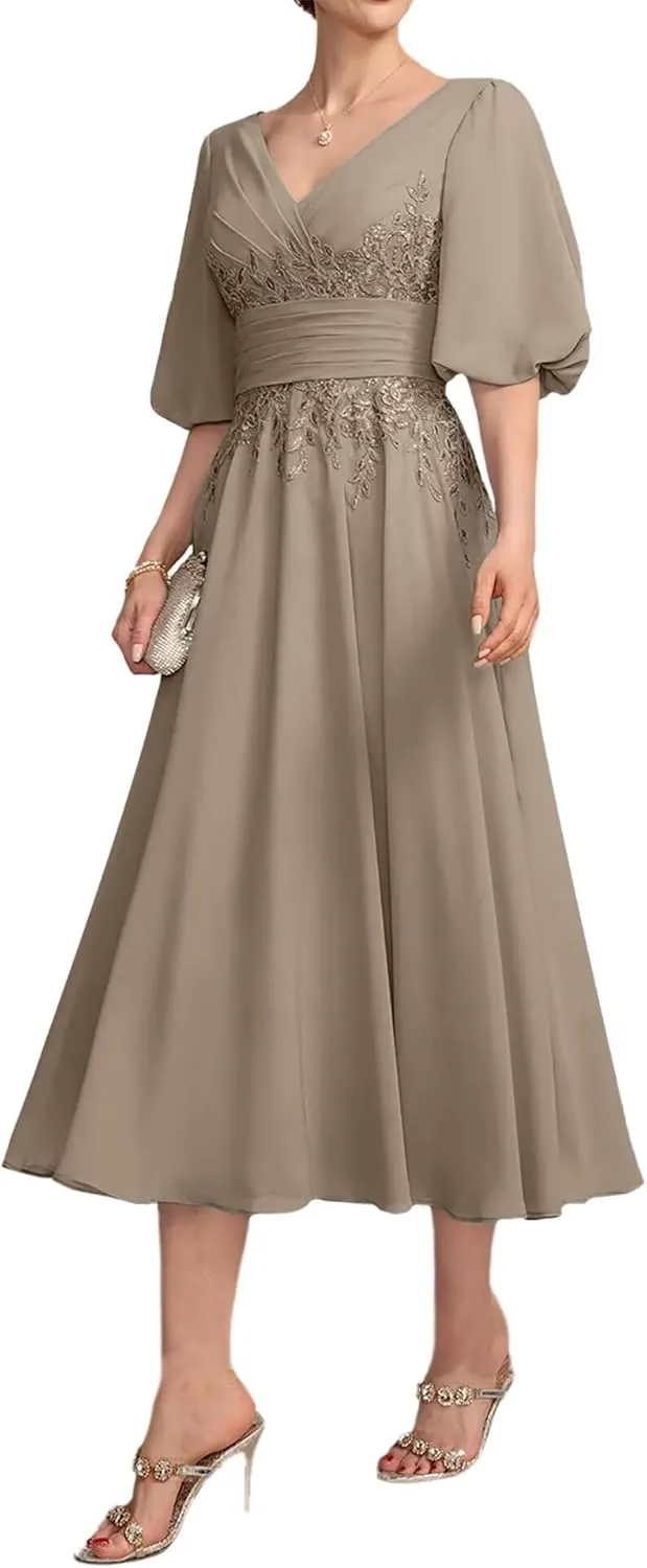 Lace Appliques Mother of The Bride Dresses for Wedding 1/2 Sleeve Tea Length Formal Evening Gown