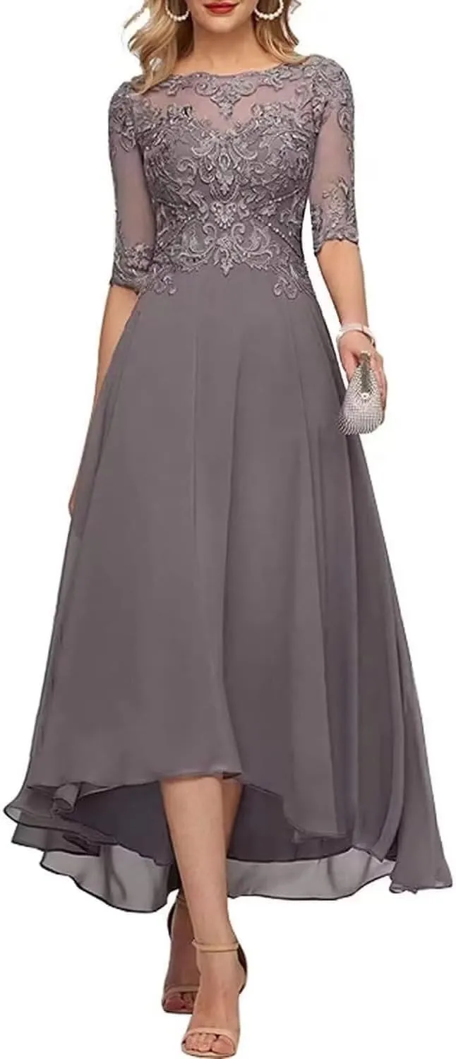 Lace Appliques Mother of The Bride Dresses for Wedding 3/4 Sleeves Tea Length Chiffon Formal Evening Party Gowns
