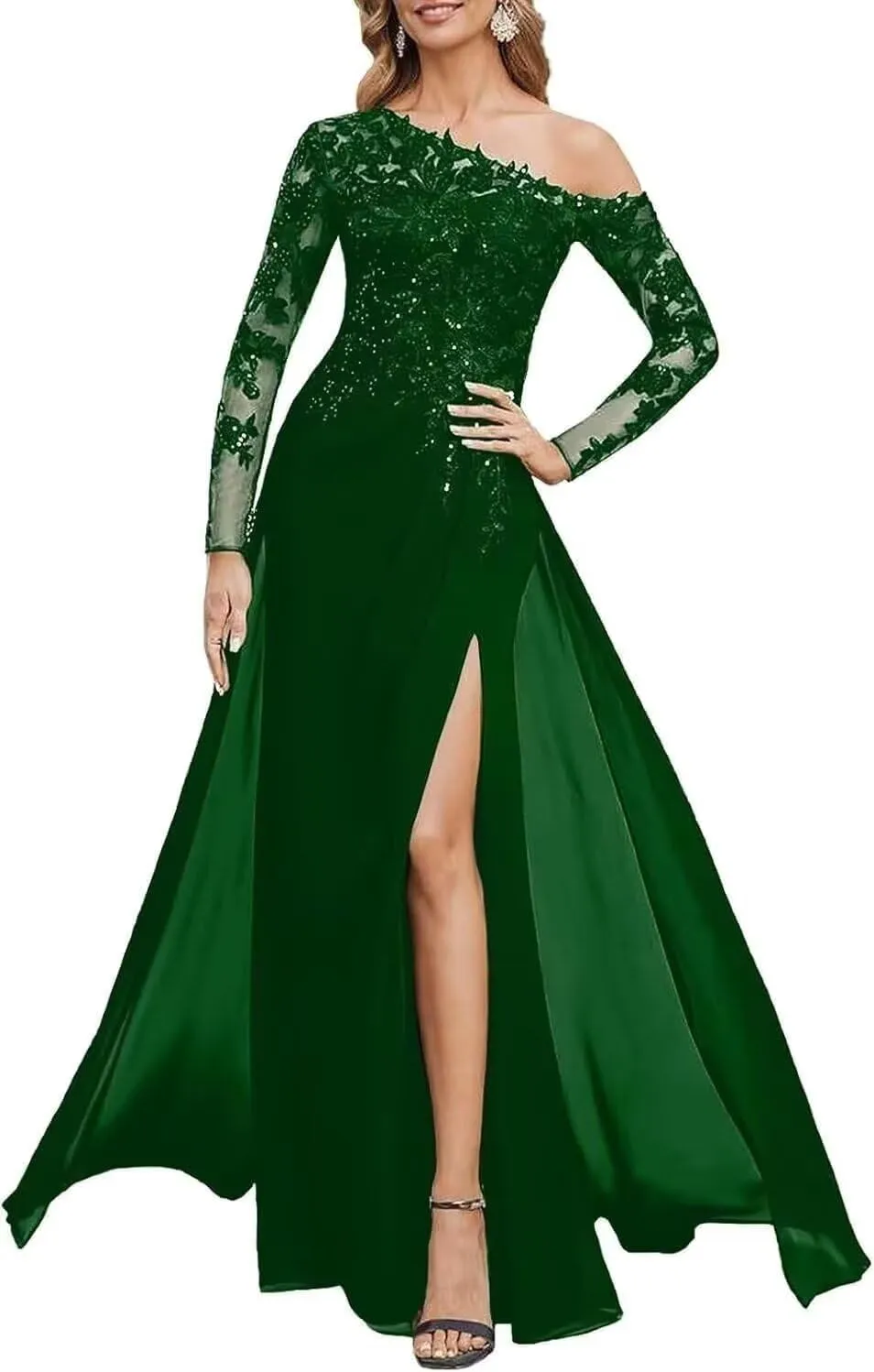 Lace Appliques Mother of The Bride Dresses for Wedding Long Sleeve Side Pocket Chiffon Formal Evening Dress with Slit