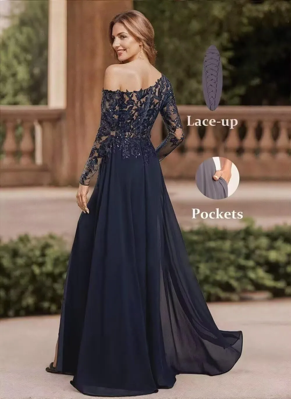 Lace Appliques Mother of The Bride Dresses for Wedding Long Sleeve Side Pocket Chiffon Formal Evening Dress with Slit