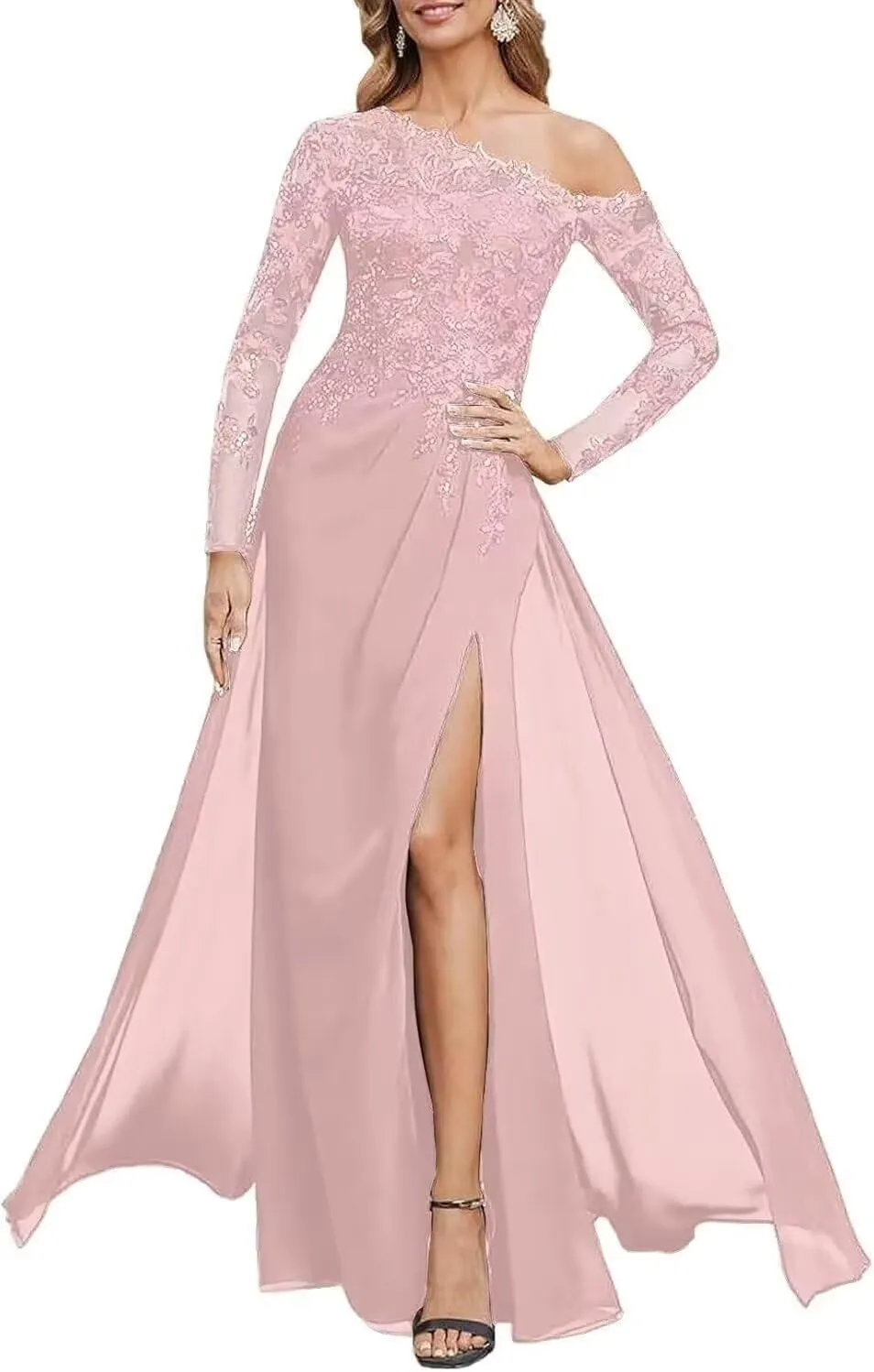 Lace Appliques Mother of The Bride Dresses for Wedding Long Sleeve Side Pocket Chiffon Formal Evening Dress with Slit