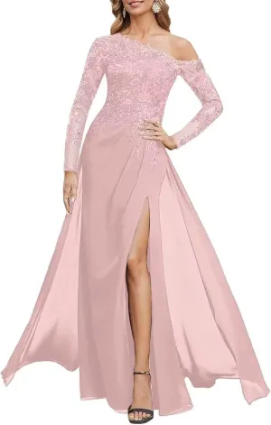Lace Appliques Mother of The Bride Dresses for Wedding Long Sleeve Side Pocket Chiffon Formal Evening Dress with Slit